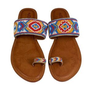 Natura Womens Beaded Toe Loop Sandals EU 38 Boho Geometric Slide Brown WPSU